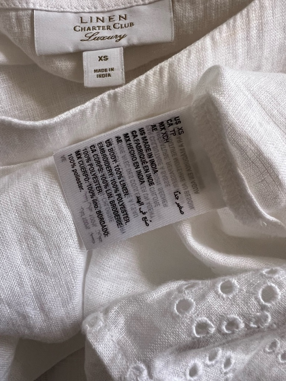 New 100% Linen Charter Club Luxury White Eyelet Tie-Sleeve Blouse Size XS - Picture 7 of 10